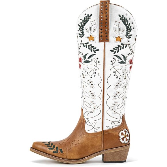 ⚡Women’s Brown Floral Embroidered Western Boots Knee High Studded Side Zipper - Picture 1 of 6